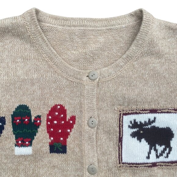 Embroidered Ugly Christmas Sweater Tan Button Grandmacore Winter Holiday-3X - Picture 6 of 10